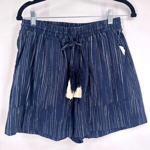 C+J Collections Women's Navy Linen Striped Drawstring Tassel Shorts Size L